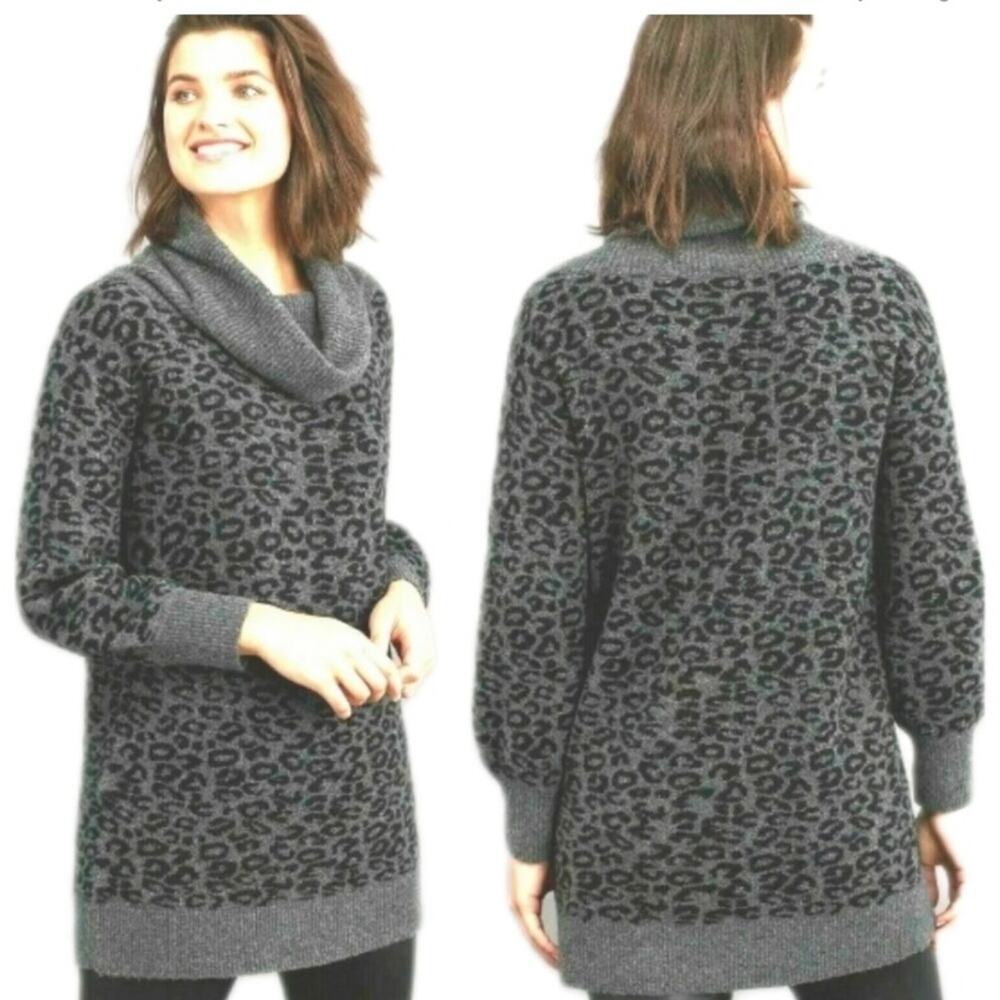 Anthropologie women's small tunic sweater cowl neck gray cheetah wool yak long s